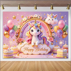 Lofaris Cute Cartoon Unicorn Rainbow Birthday Backdrop for Girls Pastel Flowers and Balloons Party Background for Kids Celebration