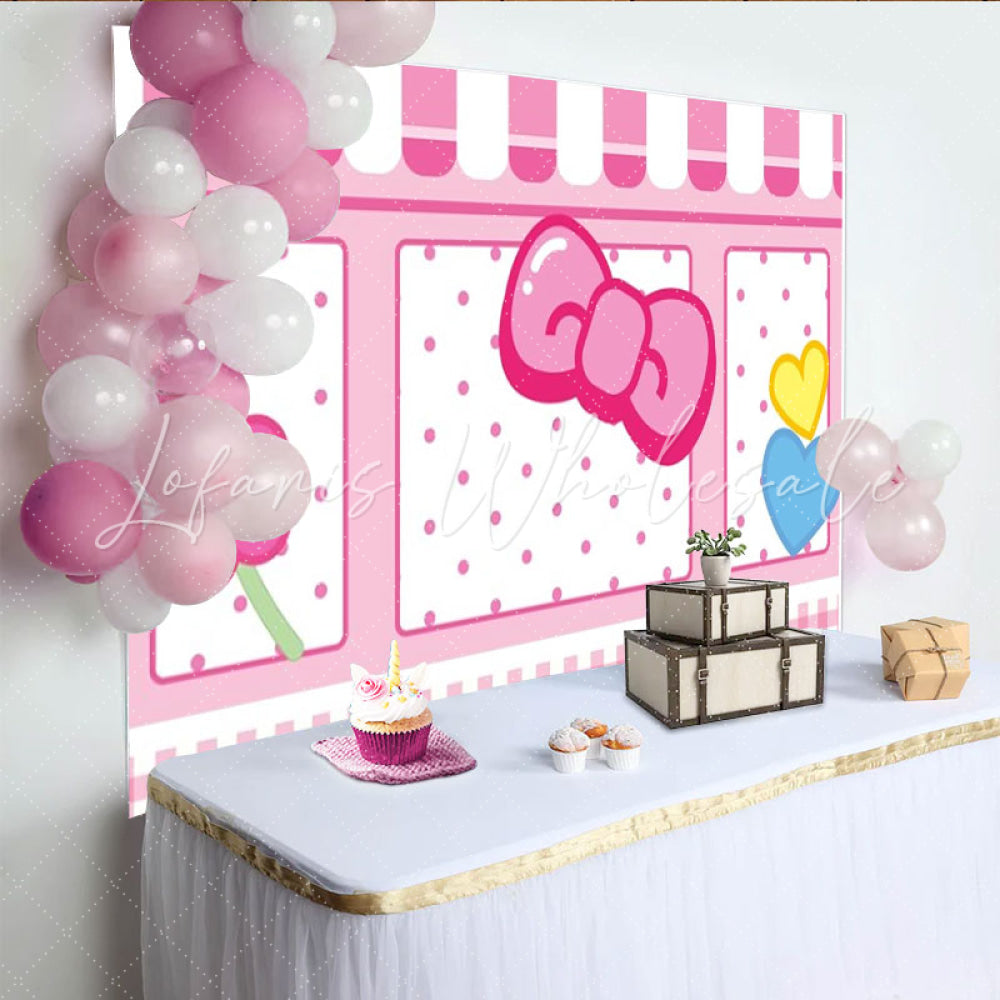 Lofaris Cute Cat Pink Bow Shop Backdrop Polka Dot Storefront for Girls Birthday Cartoon Kitty Inspired Party Decor