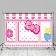 Lofaris Cute Cat Pink Bow Shop Backdrop Polka Dot Storefront for Girls Birthday Cartoon Kitty Inspired Party Decor