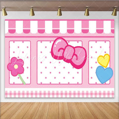 Lofaris Cute Cat Pink Bow Shop Backdrop Polka Dot Storefront for Girls Birthday Cartoon Kitty Inspired Party Decor