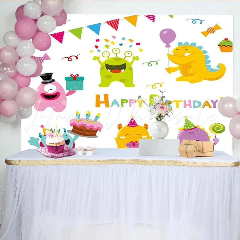 Lofaris Cute Colorful Cartoon Monsters Happy Birthday Party Backdrop with Cake and Gifts Fun Celebration Decor