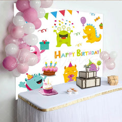 Lofaris Cute Colorful Cartoon Monsters Happy Birthday Party Backdrop with Cake and Gifts Fun Celebration Decor