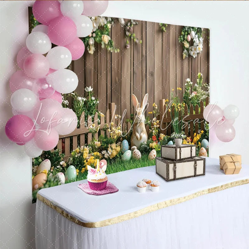 Lofaris Cute Easter Rabbit Backdrop with Colorful Eggs and Spring Flowers Wooden Fence Background for Holiday Photography.