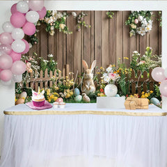 Lofaris Cute Easter Rabbit Backdrop with Colorful Eggs and Spring Flowers Wooden Fence Background for Holiday Photography.