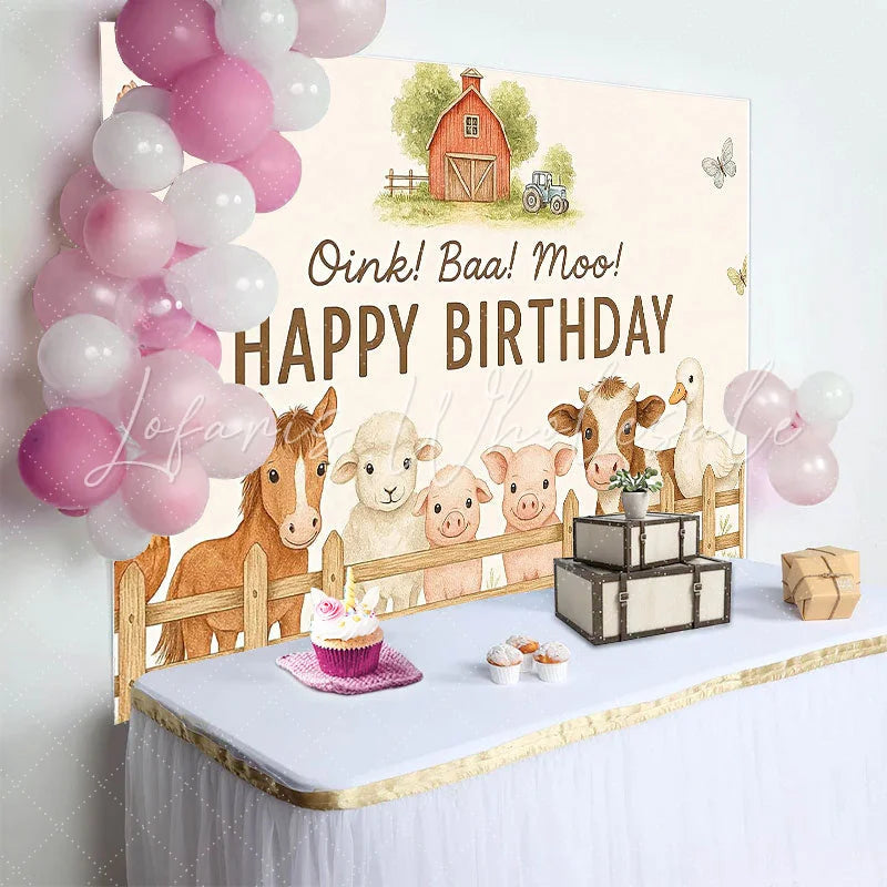 Lofaris Cute Farm Animal Birthday Backdrop with Oink Baa Moo Rustic Barnyard Photo Background for Kids Party Decoration