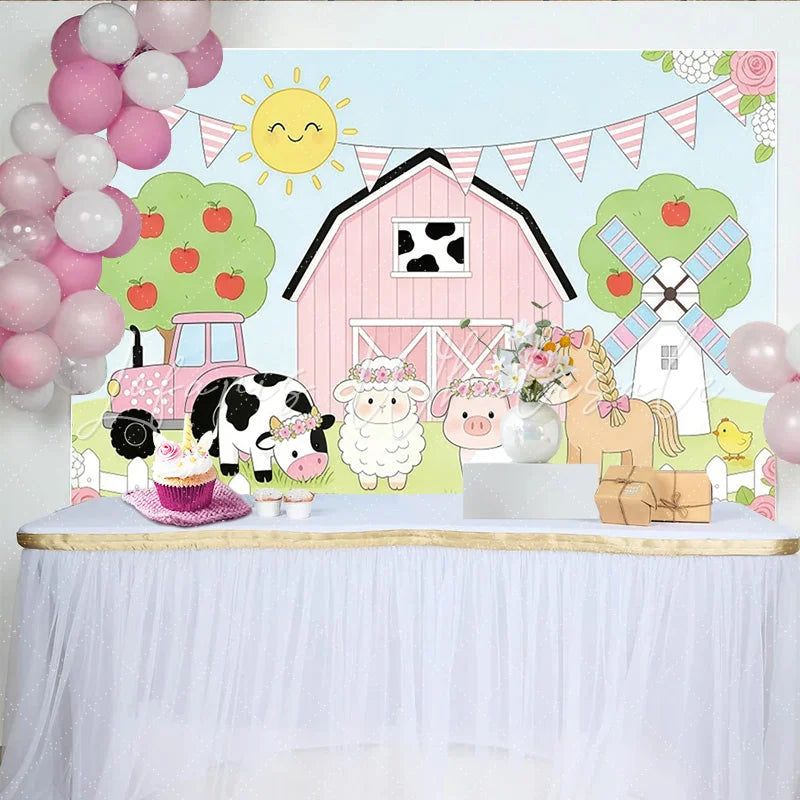 Lofaris Cute Farm Animal Birthday Backdrop with Pink Barn and Tractor Whimsical Party Decor for Kids Photoshoot.