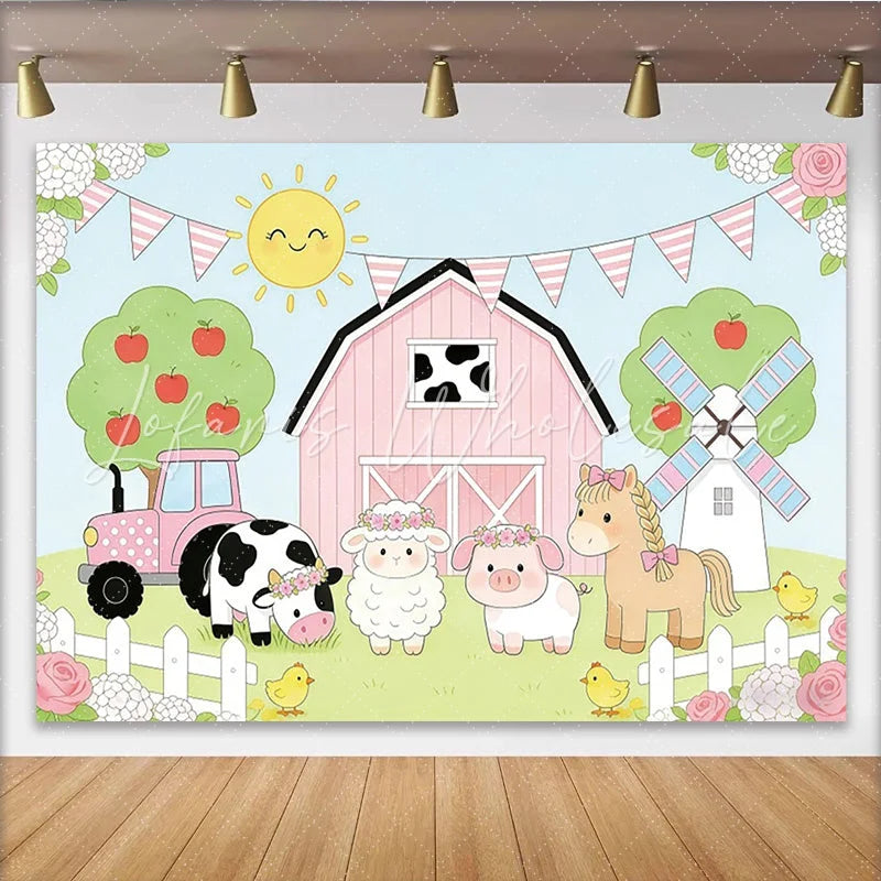 Lofaris Cute Farm Animal Birthday Backdrop with Pink Barn and Tractor Whimsical Party Decor for Kids Photoshoot.