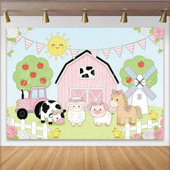 Lofaris Cute Farm Animal Birthday Backdrop with Pink Barn and Tractor Whimsical Party Decor for Kids Photoshoot.