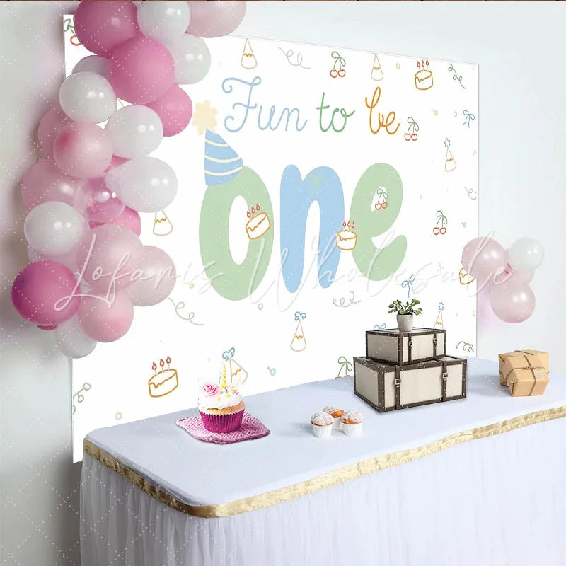 Lofaris Cute Fun to Be One 1st Birthday Backdrop with Cakes and Party Hats Pastel Photography Background for Baby Cake Smash