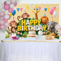 Lofaris Cute Jungle Animals Happy Birthday Backdrop with Cake and Balloons Safari Theme Party Decor
