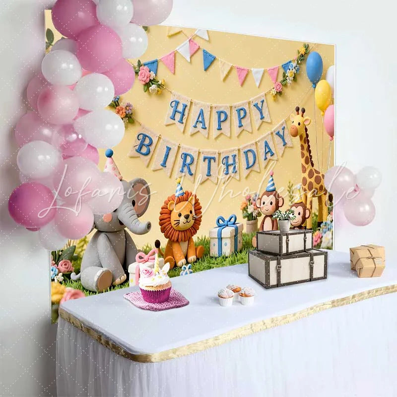 Lofaris Cute Jungle Animals Happy Birthday Backdrop with Safari Elephant Lion Monkey Giraffe Baby Shower Kids Party Decor
