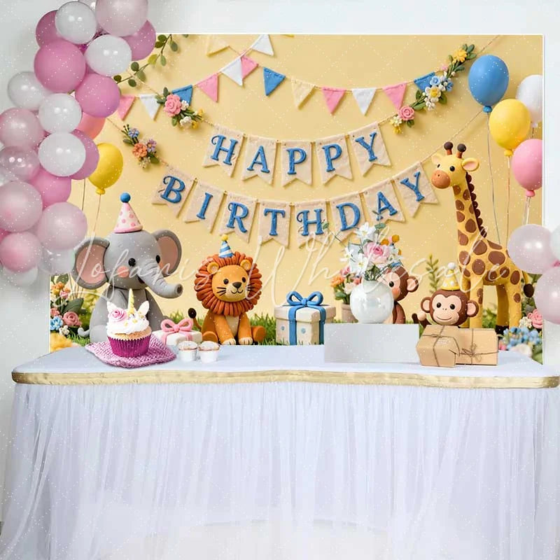 Lofaris Cute Jungle Animals Happy Birthday Backdrop with Safari Elephant Lion Monkey Giraffe Baby Shower Kids Party Decor