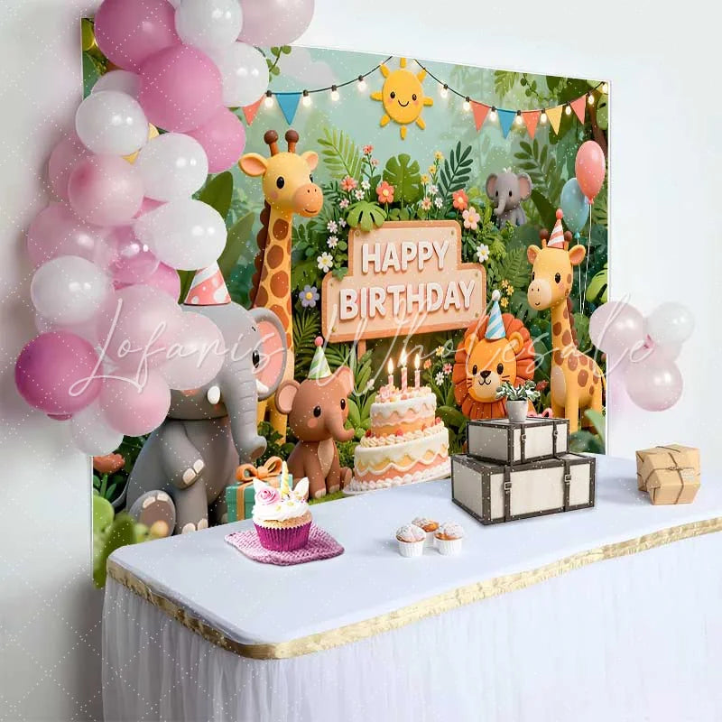 Lofaris Cute Jungle Safari Animals Birthday Backdrop with Elephant Giraffe Lion Happy Birthday Party Decor