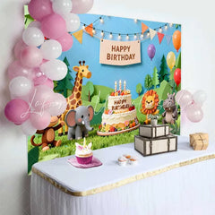 Lofaris Cute Jungle Safari Animals Birthday Backdrop with Happy Birthday Cake and Colorful Balloons for Kids Party