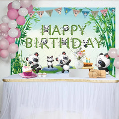 Lofaris Cute Pandas in Bamboo Forest Happy Birthday Backdrop Green Grass Cake Party Background
