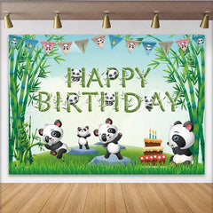 Lofaris Cute Pandas in Bamboo Forest Happy Birthday Backdrop Green Grass Cake Party Background