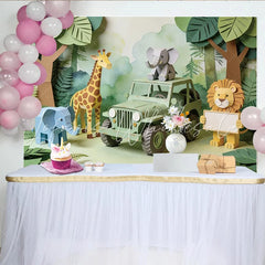 Lofaris Cute Papercraft Safari Baby Shower Backdrop with Jungle Animals Green Jeep Photography Background for Kids Party Decor