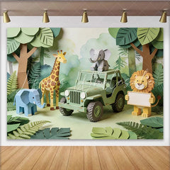 Lofaris Cute Papercraft Safari Baby Shower Backdrop with Jungle Animals Green Jeep Photography Background for Kids Party Decor