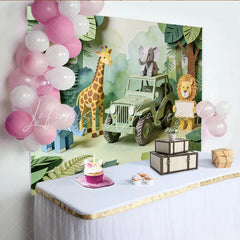 Lofaris Cute Papercraft Safari Baby Shower Backdrop with Jungle Animals Green Jeep Photography Background for Kids Party Decor