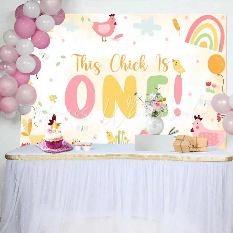 Lofaris Cute Pastel Pink Yellow Green Farm Animal Birthday Backdrop with This Chick Is ONE Slogan First Birthday Party Decor