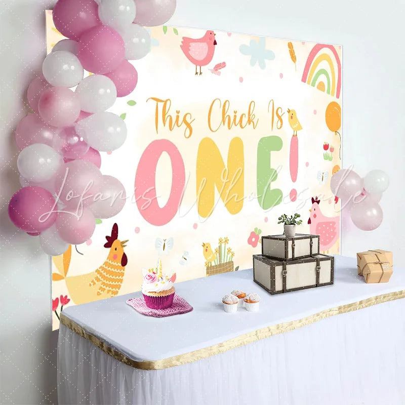 Lofaris Cute Pastel Pink Yellow Green Farm Animal Birthday Backdrop with This Chick Is ONE Slogan First Birthday Party Decor
