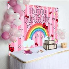 Lofaris Cute Pink Bow Rainbow Happy Birthday Backdrop for Girls Party Striped Hearts Background for Photo Booth Decoration