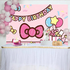 Lofaris Cute Pink Cartoon Birthday Backdrop with Bows and Balloons Adorable Party Background for Girls Photoshoot Decoration