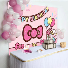 Lofaris Cute Pink Cartoon Birthday Backdrop with Bows and Balloons Adorable Party Background for Girls Photoshoot Decoration