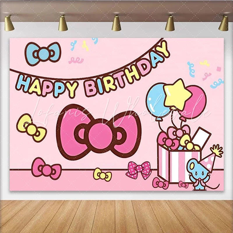 Lofaris Cute Pink Cartoon Birthday Backdrop with Bows and Balloons Adorable Party Background for Girls Photoshoot Decoration