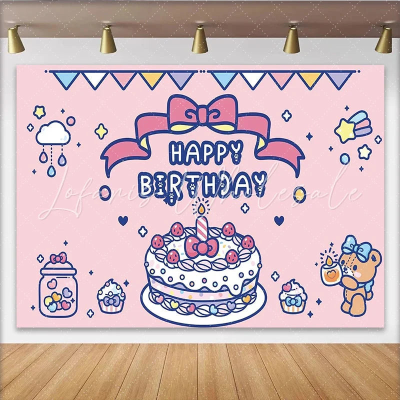 Lofaris Cute Pink Cartoon Birthday Backdrop with Cake and Teddy Bear Adorable Party Decoration Background for Girls Photoshoot
