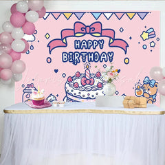 Lofaris Cute Pink Cartoon Birthday Backdrop with Cake and Teddy Bear Adorable Party Decoration Background for Girls Photoshoot
