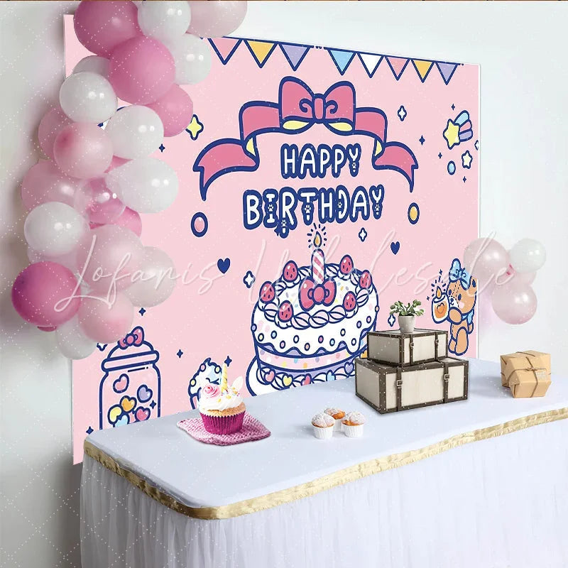 Lofaris Cute Pink Cartoon Birthday Backdrop with Cake and Teddy Bear Adorable Party Decoration Background for Girls Photoshoot