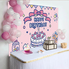 Lofaris Cute Pink Cartoon Birthday Backdrop with Cake and Teddy Bear Adorable Party Decoration Background for Girls Photoshoot