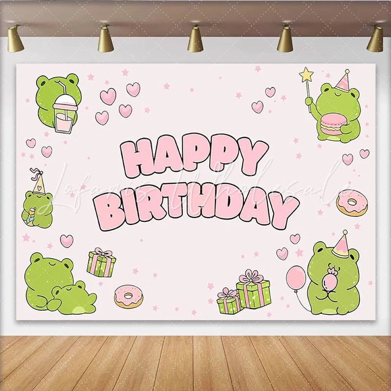 Lofaris Cute Pink Frog Cartoon Birthday Backdrop with Hearts Stars Donuts and Gift Boxes Party Decor for Girls Photoshoot