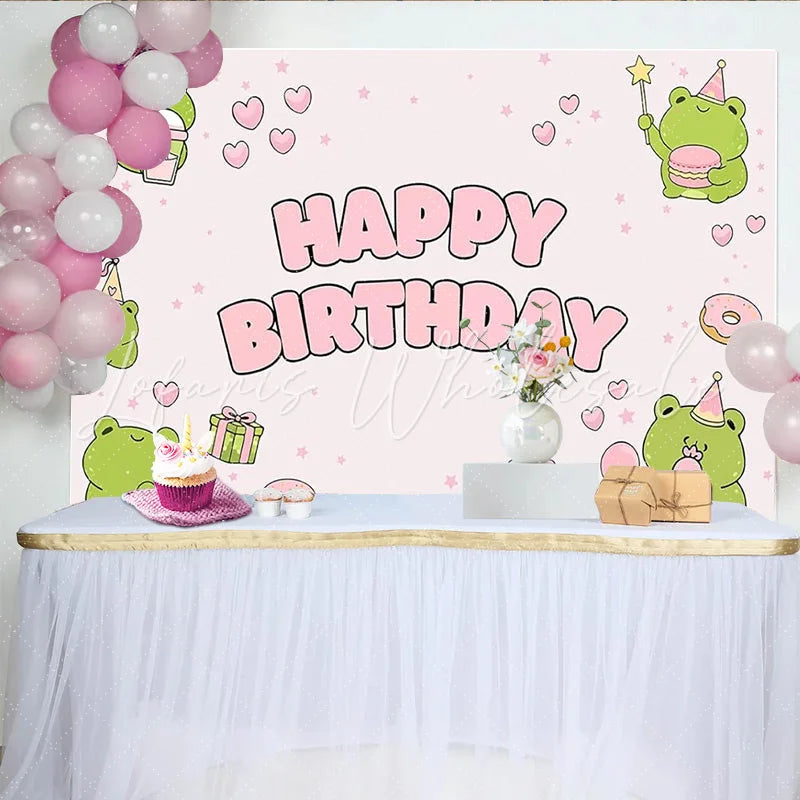 Lofaris Cute Pink Frog Cartoon Birthday Backdrop with Hearts Stars Donuts and Gift Boxes Party Decor for Girls Photoshoot