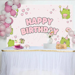 Lofaris Cute Pink Frog Cartoon Birthday Backdrop with Hearts Stars Donuts and Gift Boxes Party Decor for Girls Photoshoot
