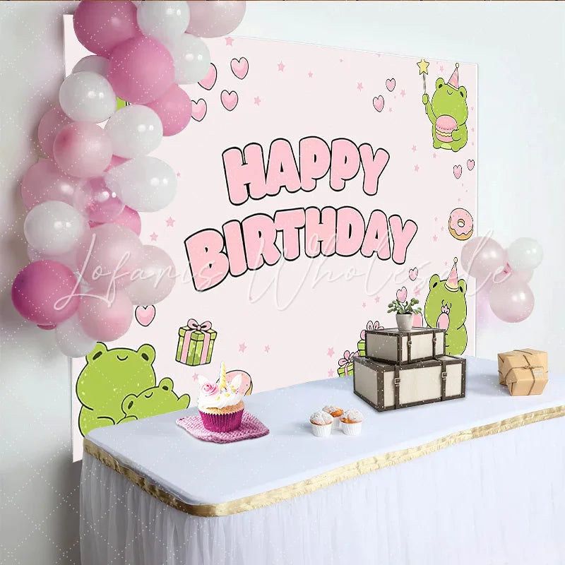Lofaris Cute Pink Frog Cartoon Birthday Backdrop with Hearts Stars Donuts and Gift Boxes Party Decor for Girls Photoshoot
