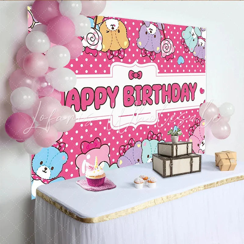 Lofaris Cute Pink Polka Dot Cartoon Animal Birthday Backdrop for Girls Happy Birthday Party Background with Sweet Lollipops for Photoshoot