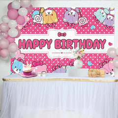 Lofaris Cute Pink Polka Dot Cartoon Animal Birthday Backdrop for Girls Happy Birthday Party Background with Sweet Lollipops for Photoshoot