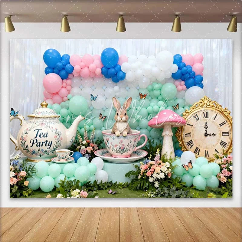 Lofaris Cute Rabbit in Teacup and Vintage Clock Easter Backdrop Pastel Balloon Tea Party Spring Background