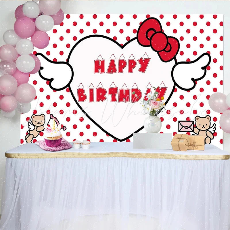 Lofaris Cute Red Polka Dot Birthday Backdrop with Heart and Bow Adorable Teddy Bear Photo Background for Girls Party
