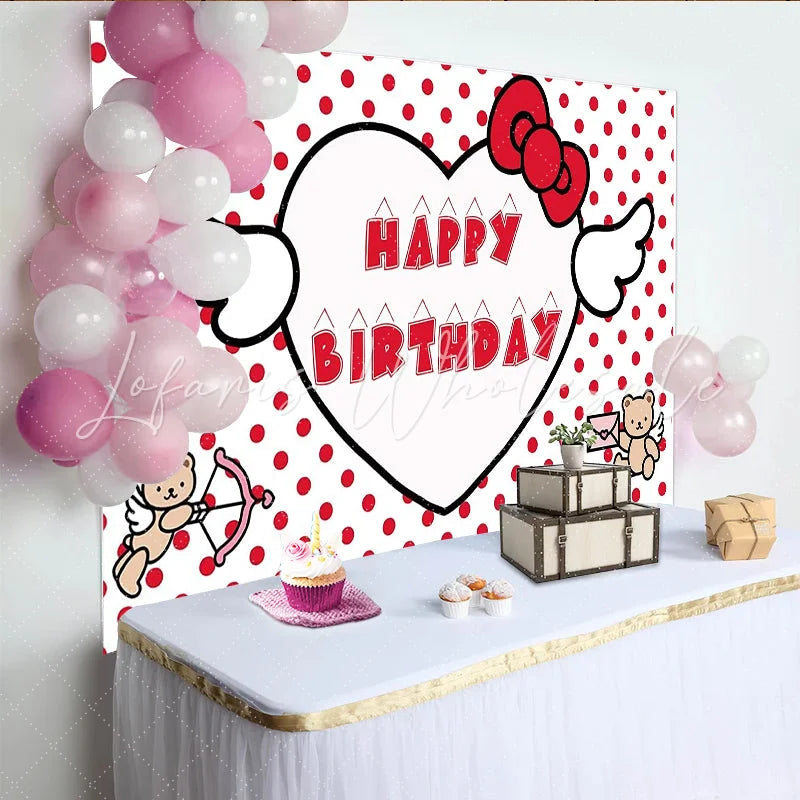 Lofaris Cute Red Polka Dot Birthday Backdrop with Heart and Bow Adorable Teddy Bear Photo Background for Girls Party