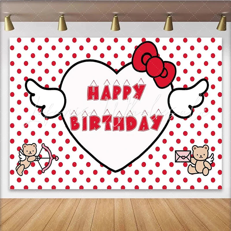 Lofaris Cute Red Polka Dot Birthday Backdrop with Heart and Bow Adorable Teddy Bear Photo Background for Girls Party