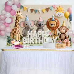 Lofaris Cute Safari Animals Happy Birthday Backdrop with Elephant Lion and Monkey for Kids Party Decor
