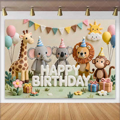 Lofaris Cute Safari Animals Happy Birthday Backdrop with Elephant Lion and Monkey for Kids Party Decor