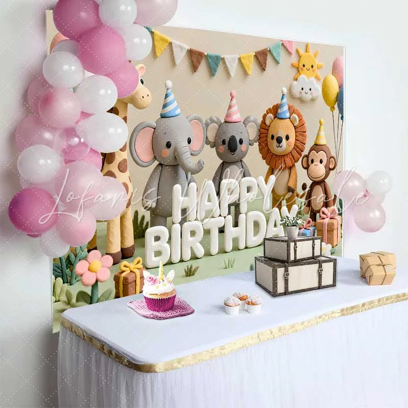 Lofaris Cute Safari Animals Happy Birthday Backdrop with Elephant Lion and Monkey for Kids Party Decor