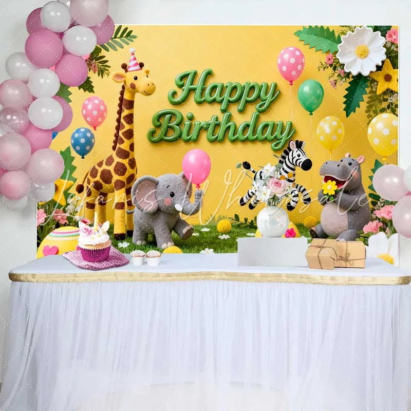 Lofaris Cute Safari Animals Happy Birthday Backdrop with Giraffe Elephant and Zebra Kids Party Decor