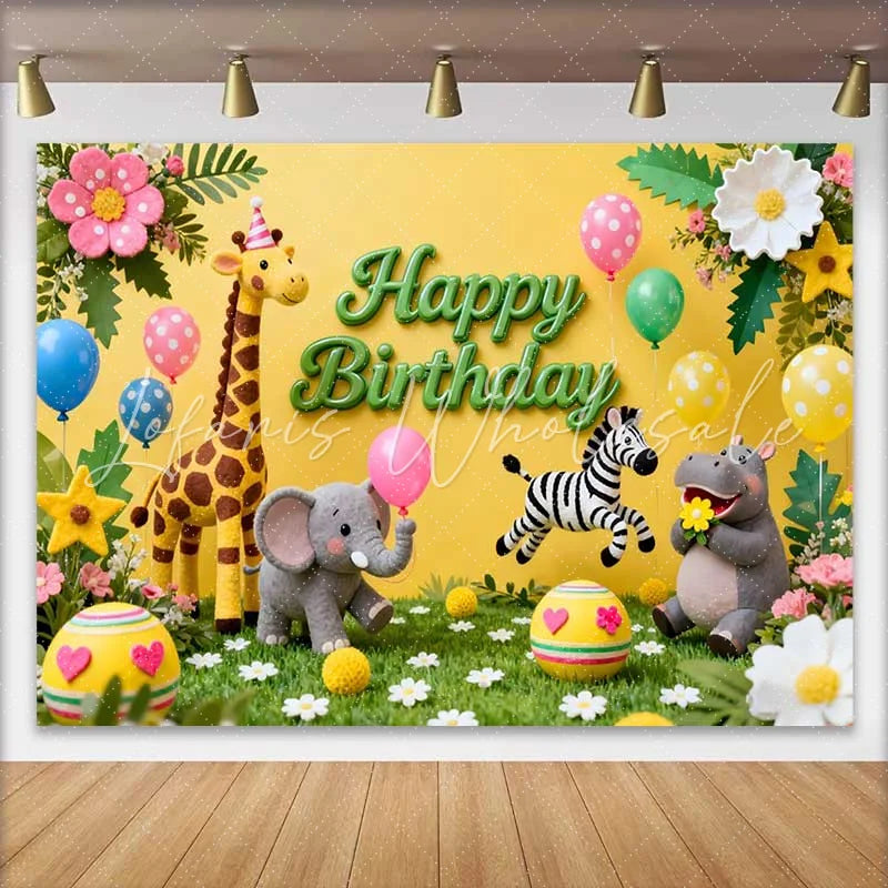 Lofaris Cute Safari Animals Happy Birthday Backdrop with Giraffe Elephant and Zebra Kids Party Decor