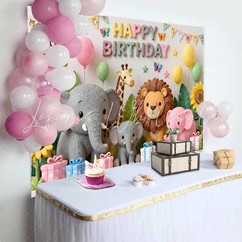 Lofaris Cute Safari Animals Happy Birthday Backdrop with Giraffe Elephant Lion Pastel Jungle Theme Party Decor