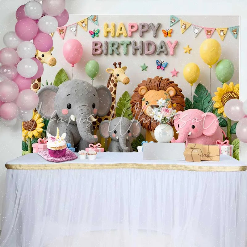 Lofaris Cute Safari Animals Happy Birthday Backdrop with Giraffe Elephant Lion Pastel Jungle Theme Party Decor